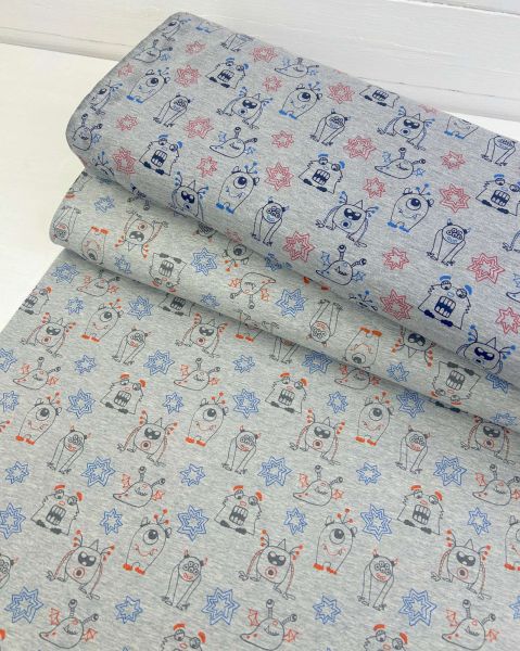 Baumwolljersey Lustige Monster Grau Meliert