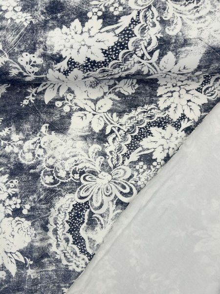 French Terry Toile de Jouy Dunkelblau