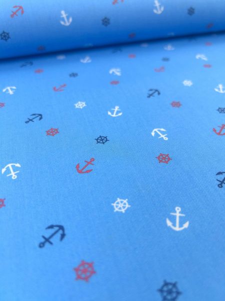 Baumwoll-Webware Maritim Anker Steuerrad Blau