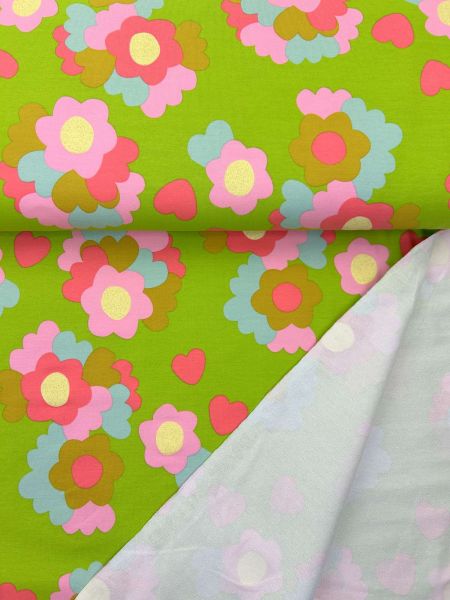 French Terry Retro Blumen Glitzer Grün