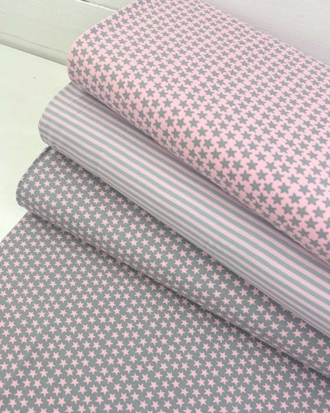 Baumwolljersey Sterne & Streifen Rosa Grau