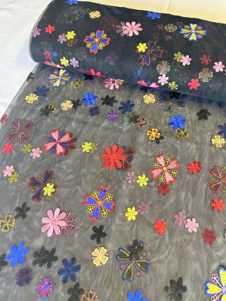 Blumen-Spitzen-Tüll Blumenfeld Schwarz