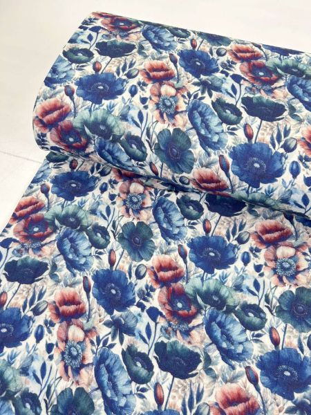 Musselin Stoff Digital Herbstblume Dunkelblau
